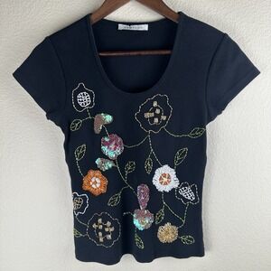 Vintage Vertigo Top Womens Large Beaded Sequin Floral Y2K 90s Whimsy Boho Fairy